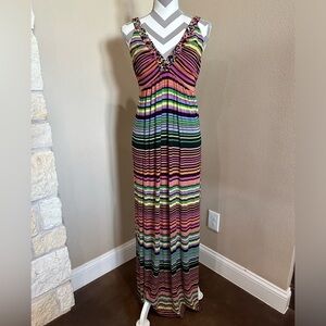 PHILOSOPHY Colorful Striped Maxi Dress with Braided Straps and Neckline, EUC!